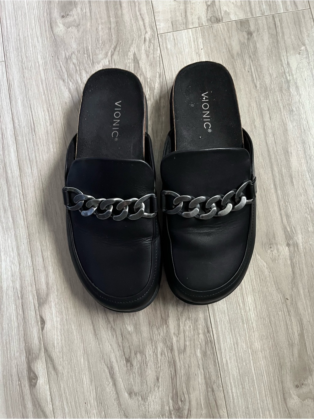 Vionic Black Leather Chain-Accent Slide Mules